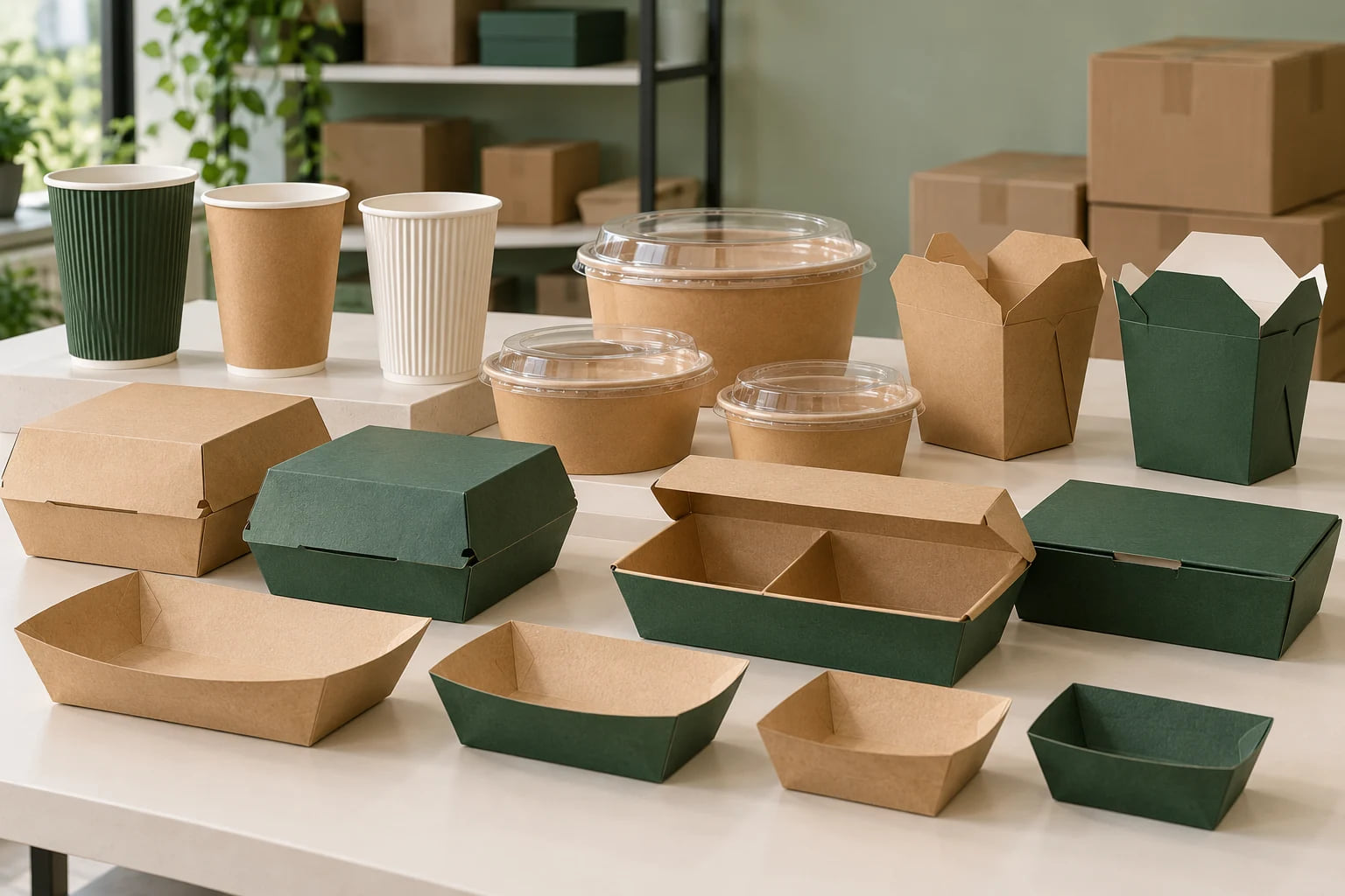 Illustrative coordinated paper foodservice packaging range for hotel group procurement