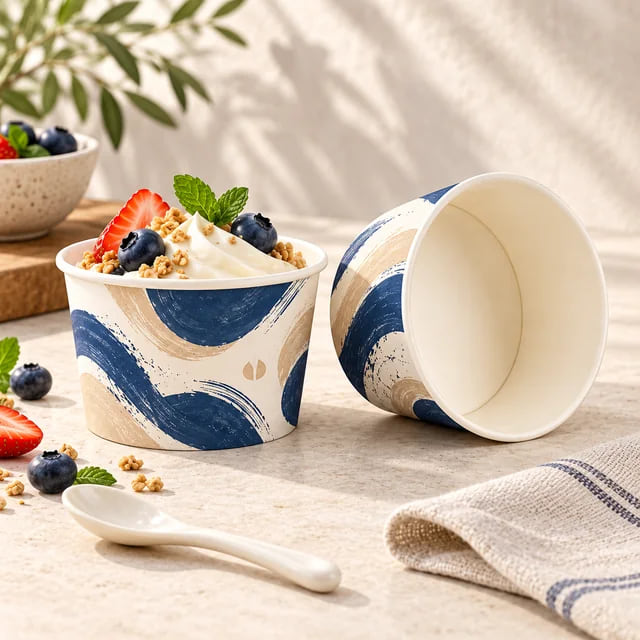 Printed Dessert Paper Bowls — OEM for Yogurt Brands — custom artwork and composition visualization