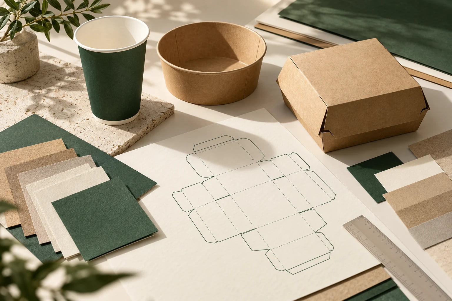 Paper cup, bowl, meal box, paper swatches and a conceptual dieline on a sampling desk