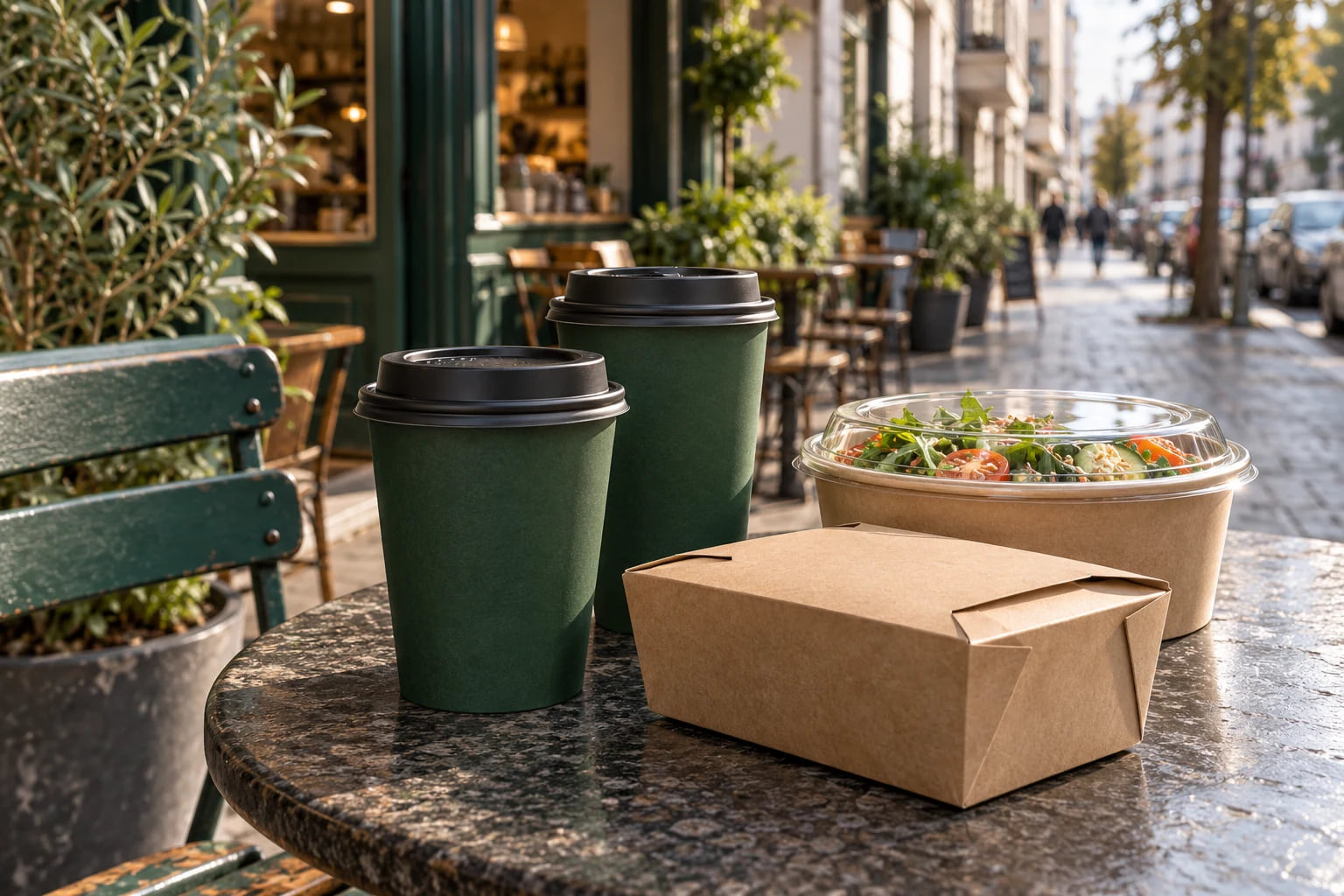 Illustrative café scene with paper cups, bowl and takeaway box