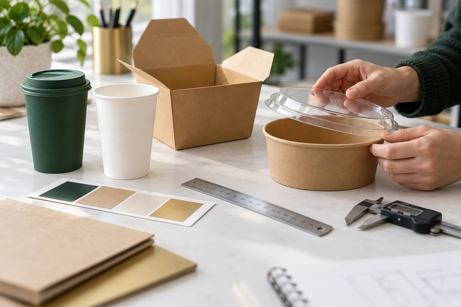 Illustration of a buyer comparing cup, bowl, lid and lunch box samples