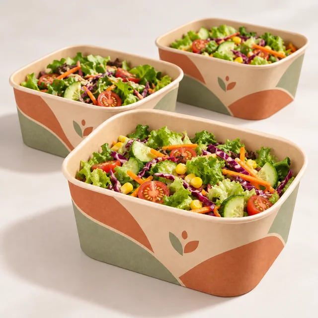 750ml kundenspezifische quadratische Papiersalatboxen — OEM-Lieferung — Visualisierung von Druckmotiv und Zusammensetzung