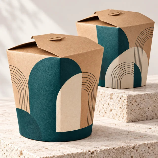 Boîtes à nouilles imprimées de 32oz — approvisionnement en gros pour restaurants — visuel de composition avec graphisme personnalisé