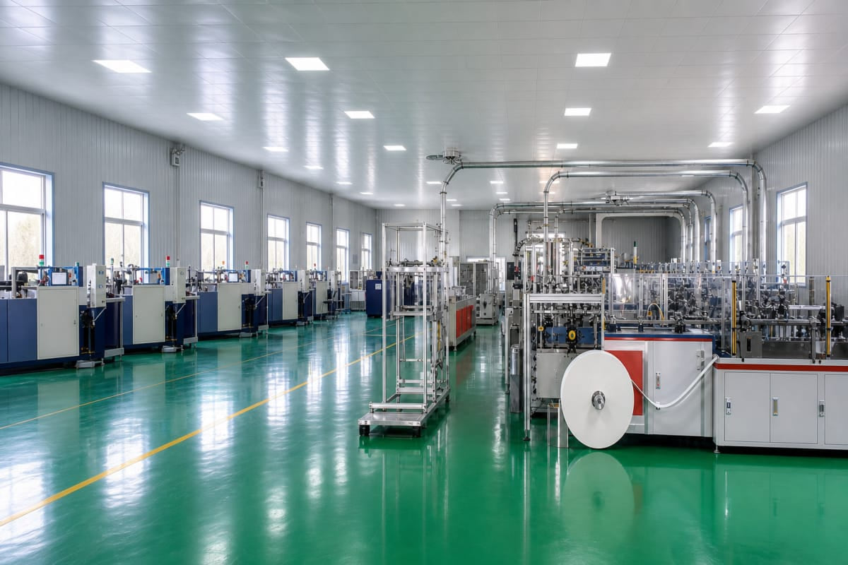 Paper packaging machinery on Fude’s production floor