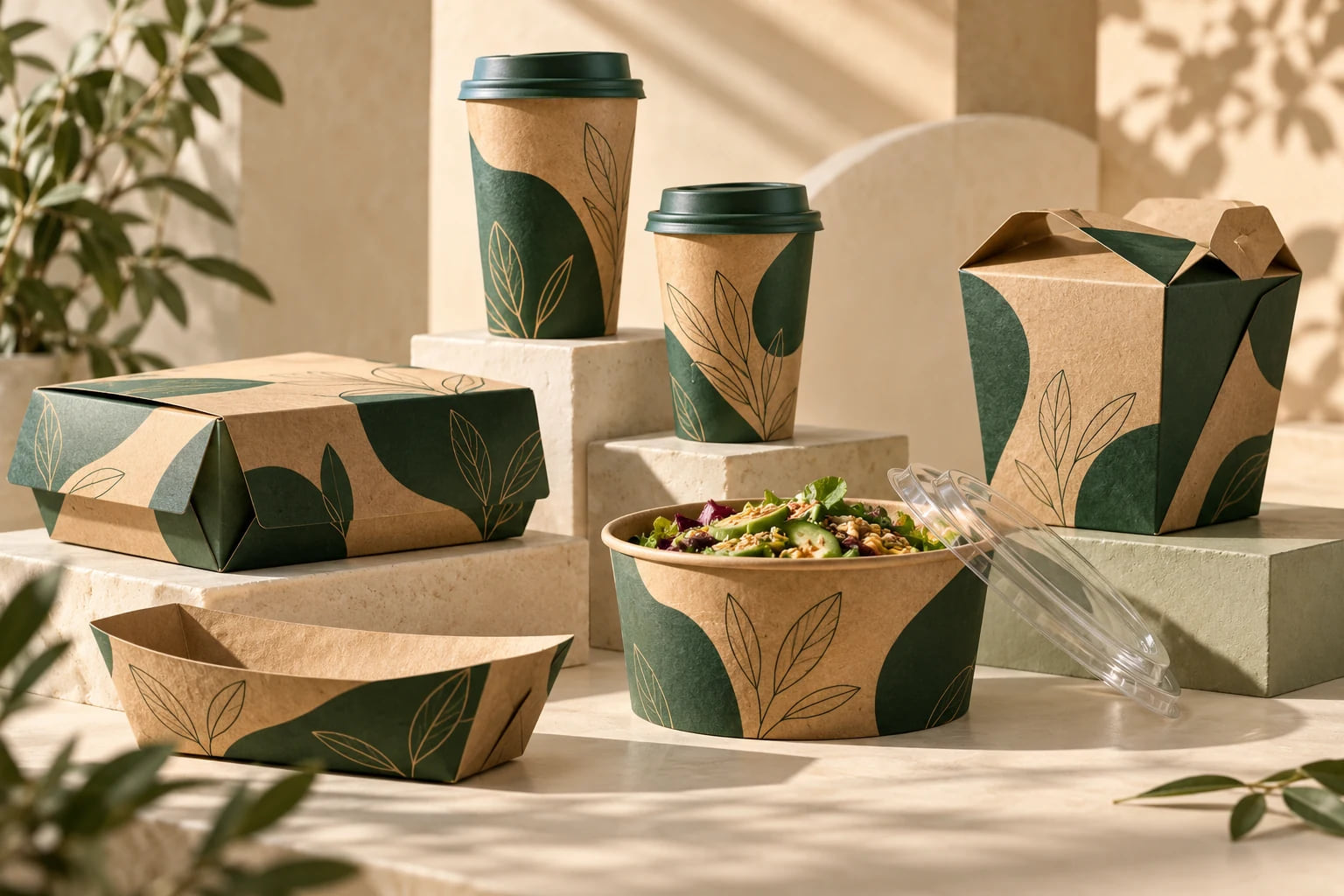 Coordinated forest-green and kraft paper cups, bowl, meal box and tray concept