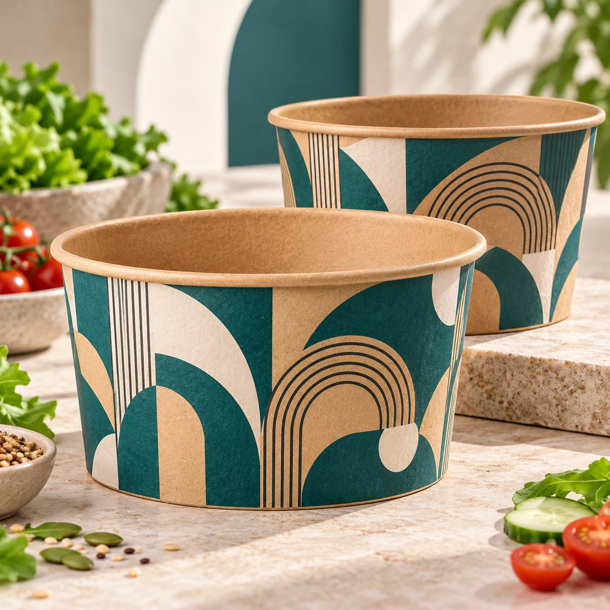 Cuencos kraft personalizados para ensaladas — OEM para cadenas de ensaladas — visualización de diseños y composiciones personalizadas