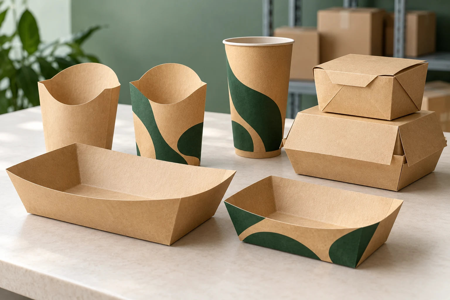 Illustrative paper food boats, fries cups and meal boxes for quick-service packaging selection