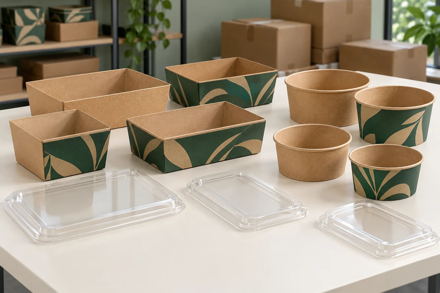 Illustrative square paper fresh-food boxes and clear lids for retail and fruit-producer sourcing