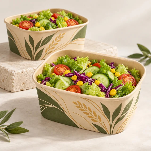 500ml kundenspezifische quadratische Papiersalatboxen — OEM-Lieferung — Visualisierung von Druckmotiv und Zusammensetzung